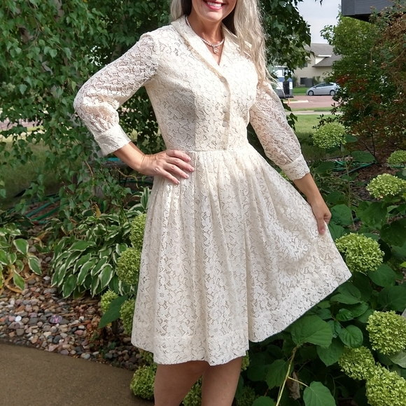 1950's CREAM LACE DRESS 50's shirtwaist S - Picture 8 of 12